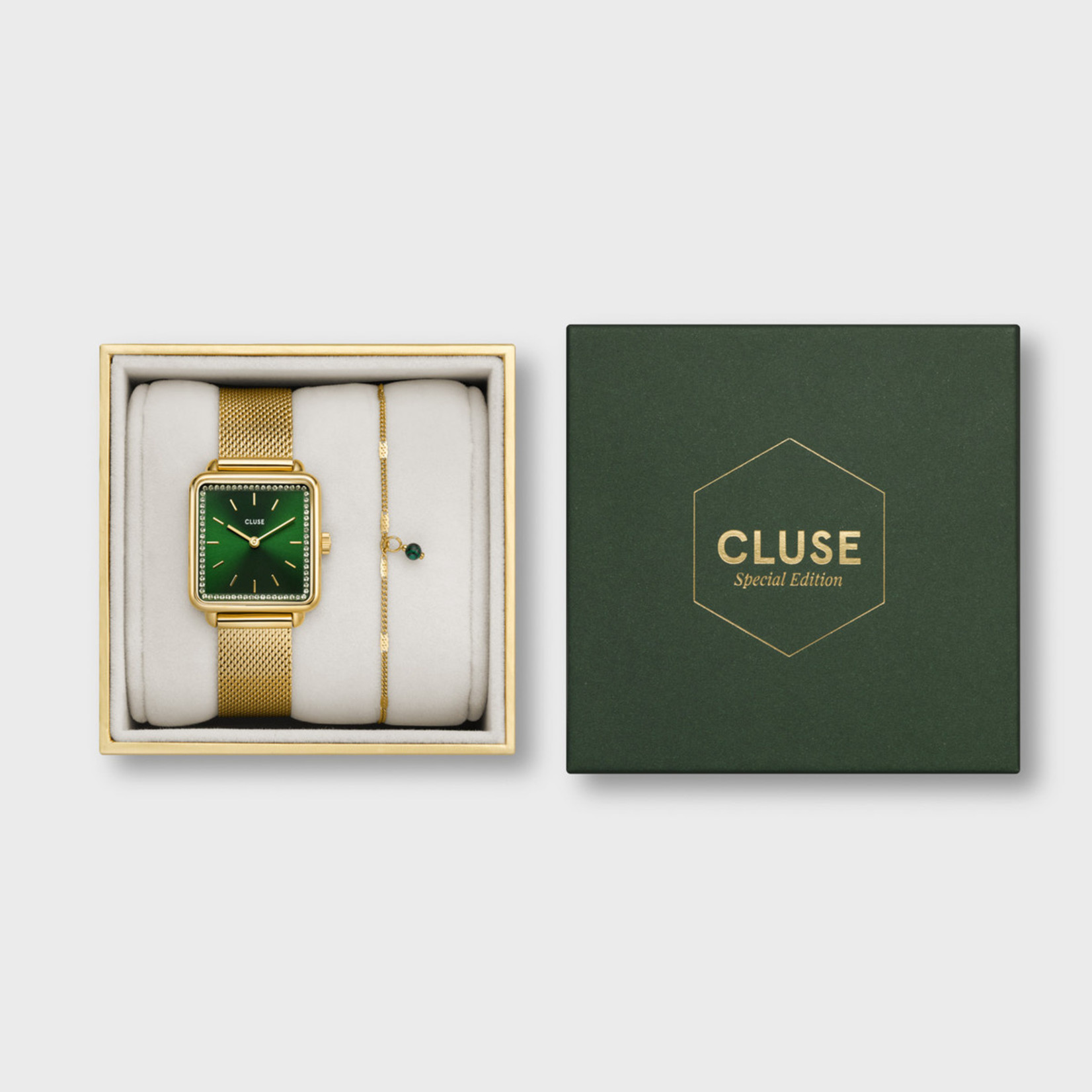 Cluse Giftbox la Tetragone Mesh Gold Colour & Malachite Bracelet