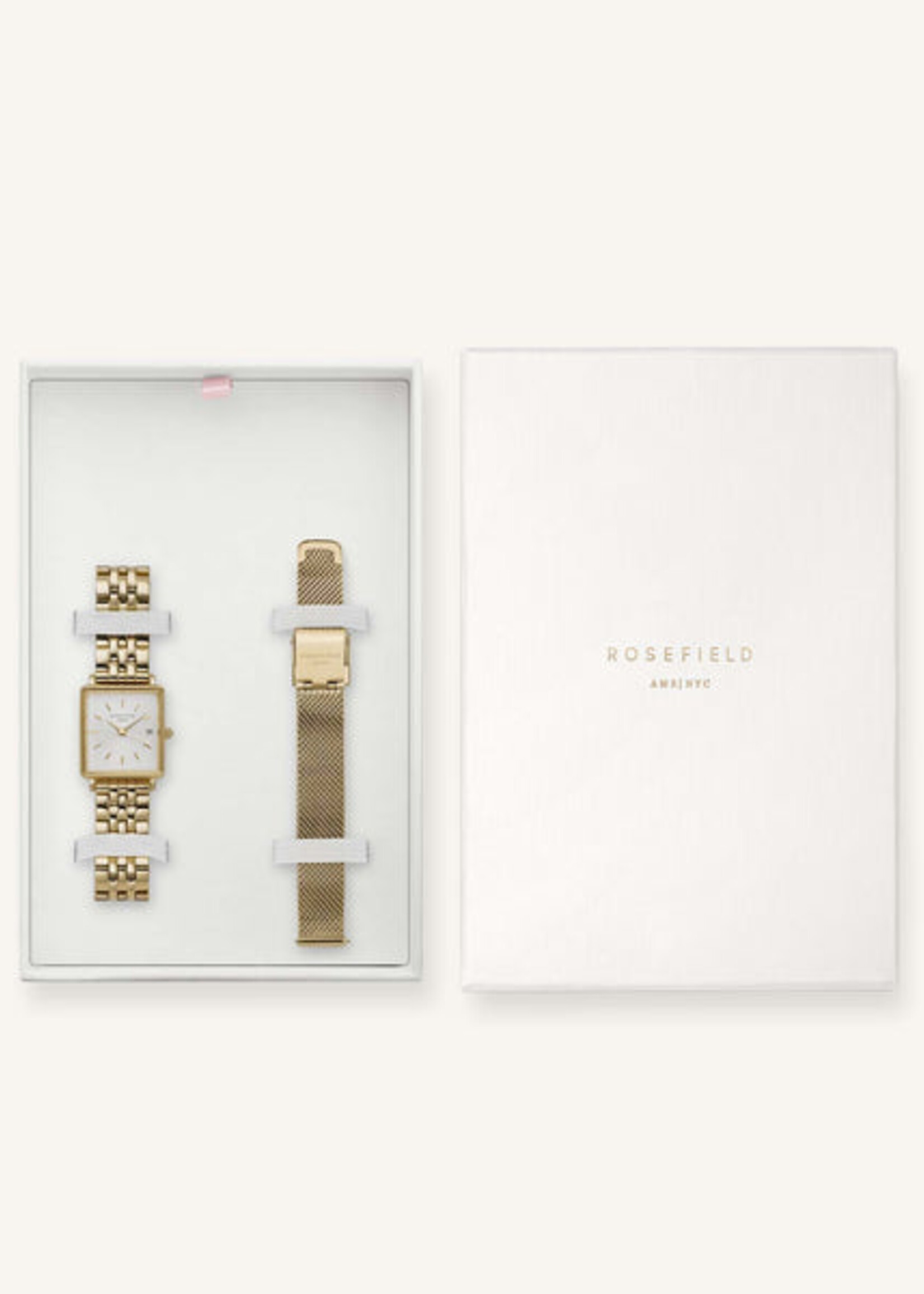 Rosefield The Boxy XS White Sunray Steel Gold + Mesh Gold Strap