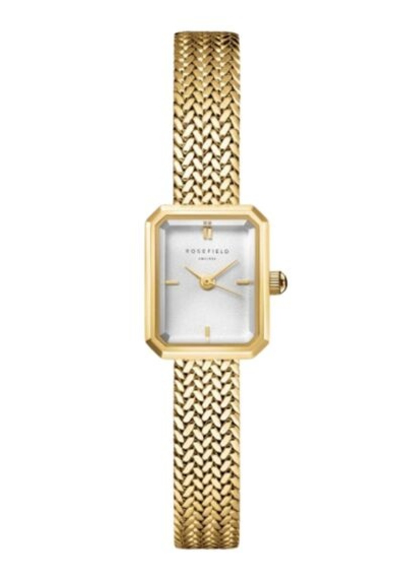 Rosefield Mini Octagon White Dial Gold Woven Mesh Strap