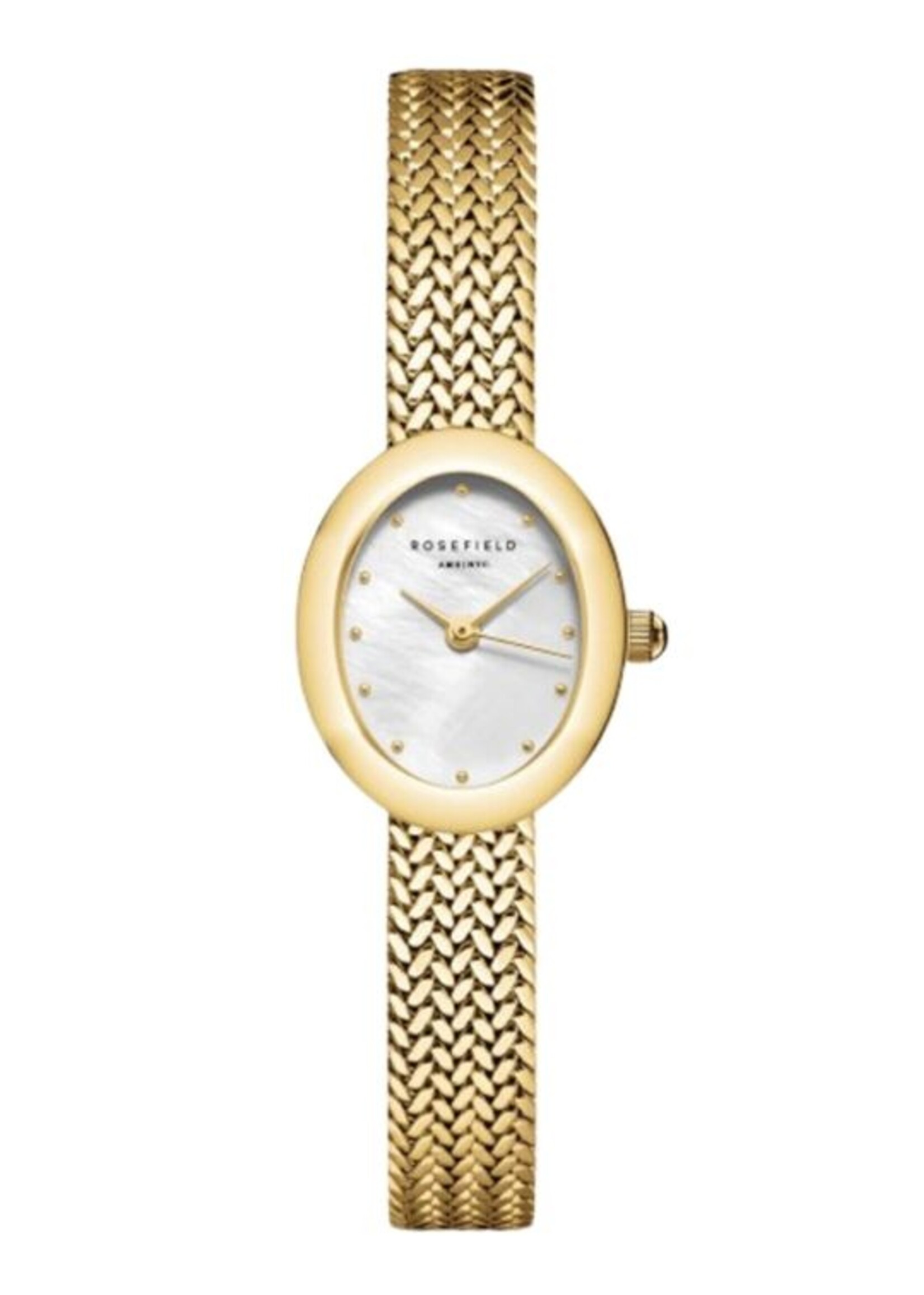 Rosefield Mini Oval White Dial Gold Woven Mesh Strap