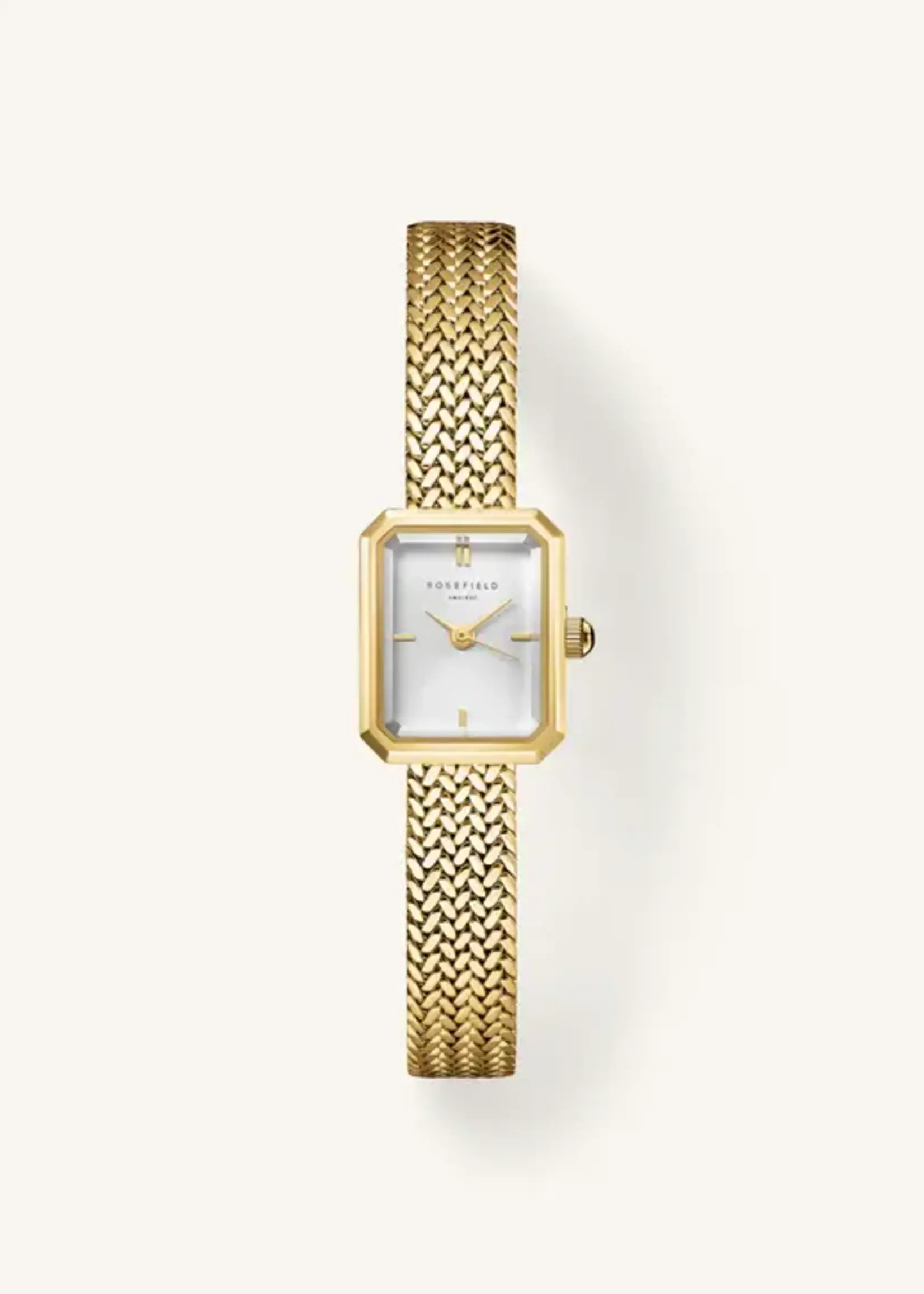 Rosefield Mini Octagon White Dial Gold Woven Mesh Strap