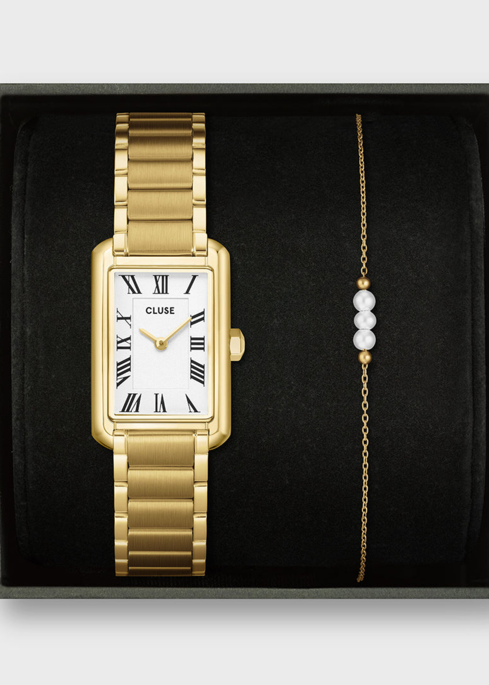 Cluse Gift Box Belisenna Watch Steel, White & Pearl Chain Bracelet, Gold Colour