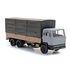 DAF tilt-cab 1970, tandem-axle, open bed truck with canvas, grey