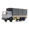 DAF tilt-cab 1970, tandem-axle, open bed truck with canvas, grey