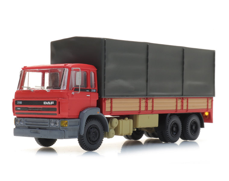 DAF tilt-cab 1987, tandem-axle,open bed truck with canvas, red
