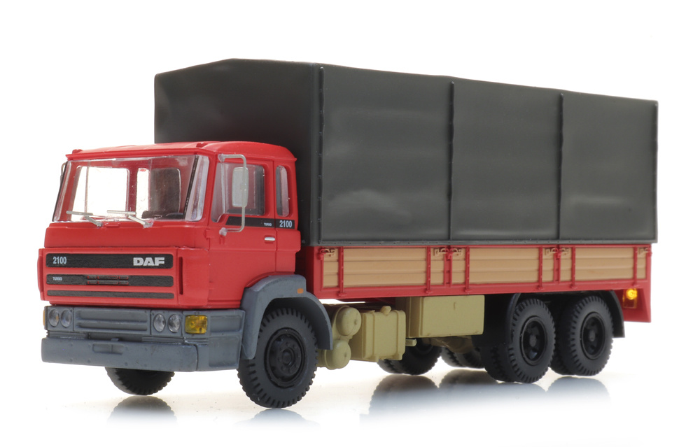 DAF tilt-cab 1987, tandem-axle,open bed truck with canvas, red