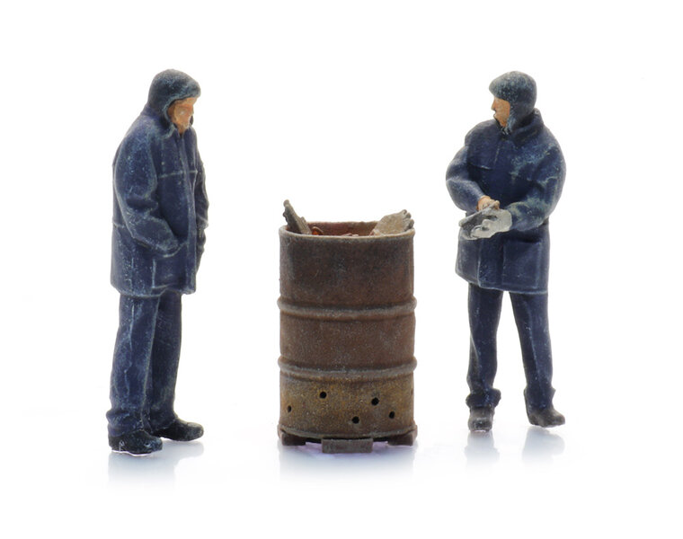 Trackworkers with burn barrel