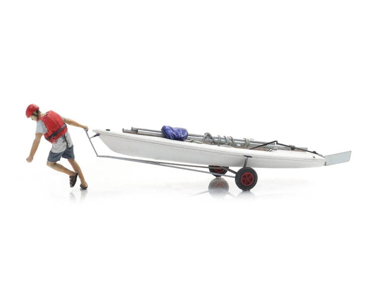 Sailing boat Laser on trailer + figure