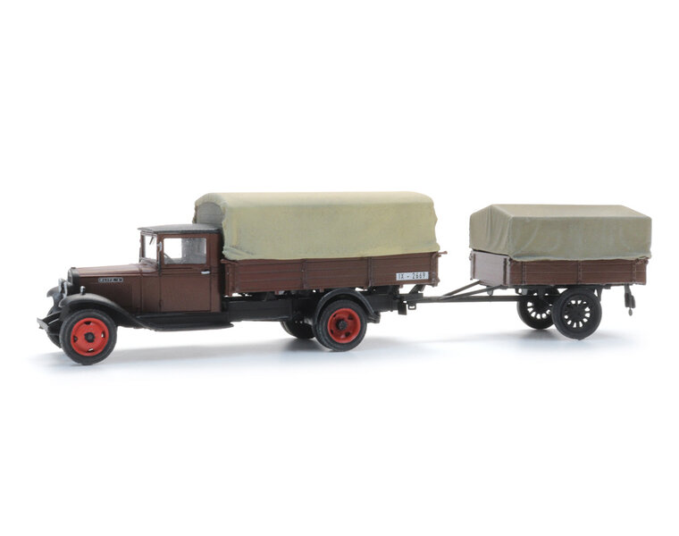 Opel Blitz 6 flatbed truck and trailer with tarpaulin