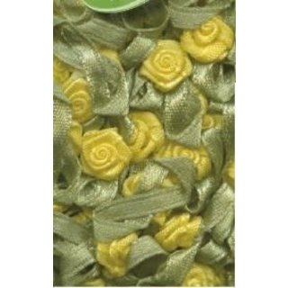 Stoffen roosje bloem met blad Satin flowers zacht geel (per stuk)