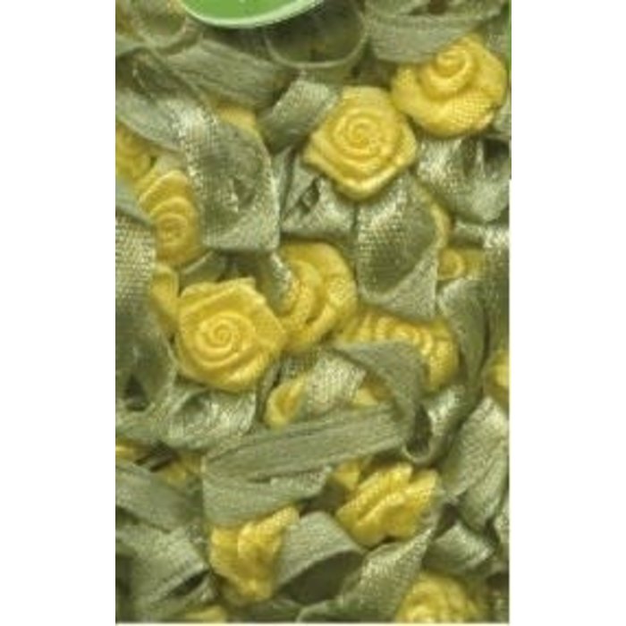Stoffen roosje bloem met blad Satin flowers zacht geel (per stuk)