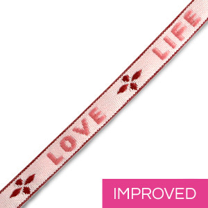 Lint met tekst "love life" Pink-warm red (per meter)