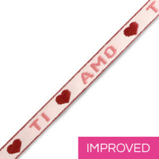 Lint met tekst "ti amo" Pink-warm red (per rol 18 meter)