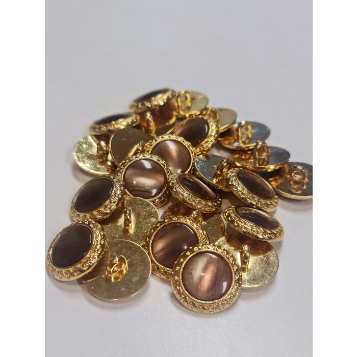 Knoop metal look goud glazen cabuchon kern bruin 21mm