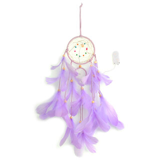 Hanger dromenvanger paars met veren en LED lampjes 55x11cm