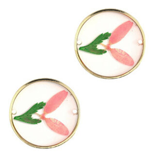 Tussenstukken met gedroogde bloemetjes 20mm Gold-light pink green)