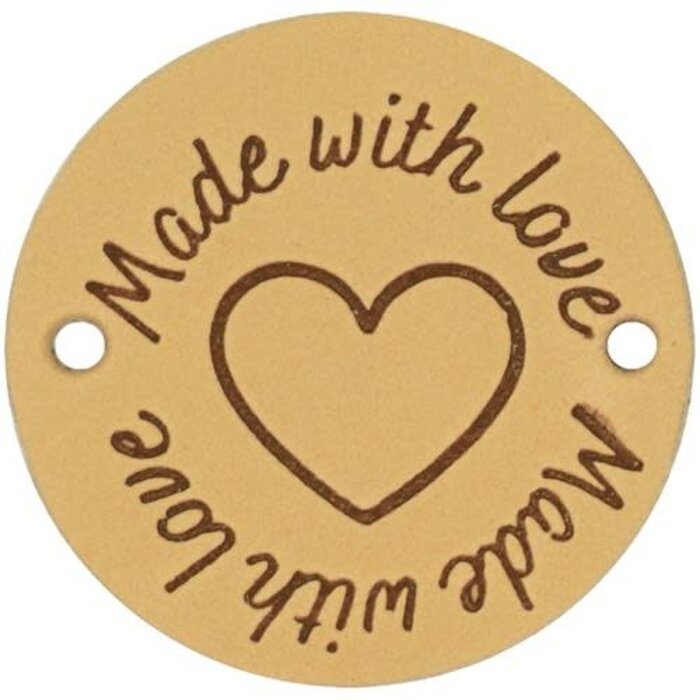 Leren Label Made with Love rond 3,5cm. Verpakt per zakje à 2 stuks.