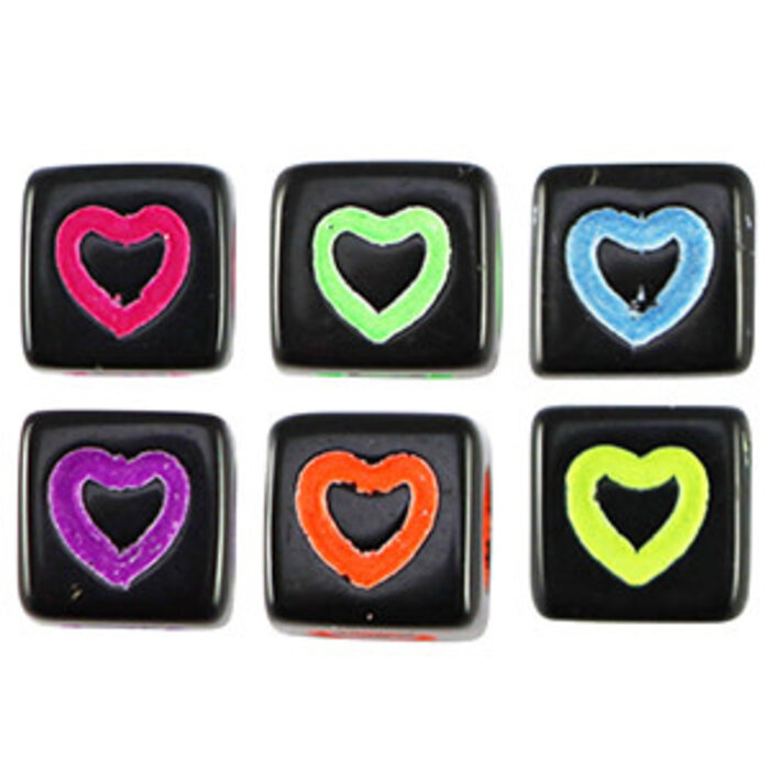 Letterkralen van acryl hartjes Black-rainbow vierkant 7mm