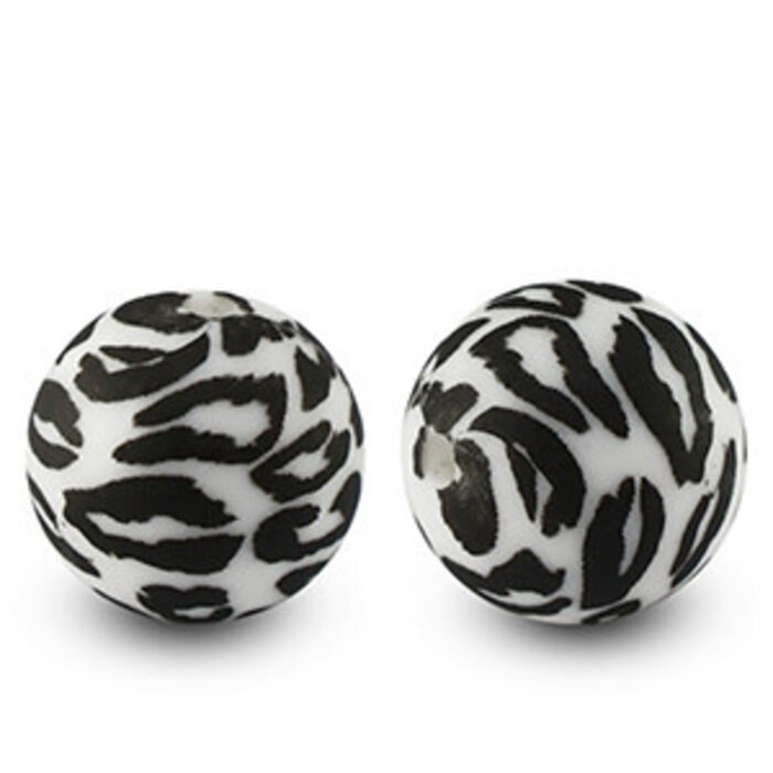 Siliconen kralen 15mm rond luipaard Black-White