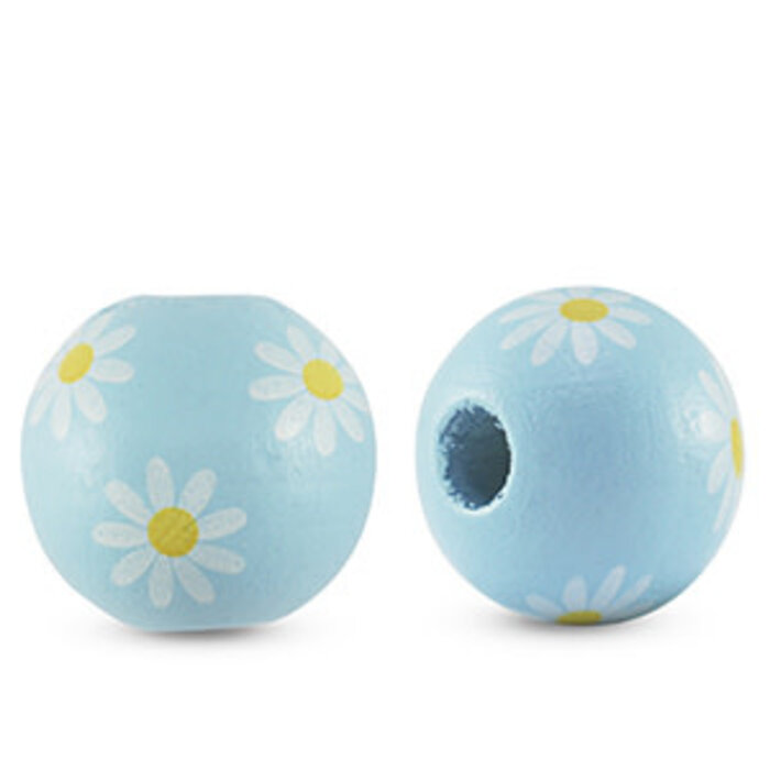 Houten kralen rond 16mm bloem Light blue per stuk
