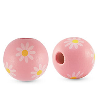 Houten kralen rond 16mm bloem Light pink per stuk