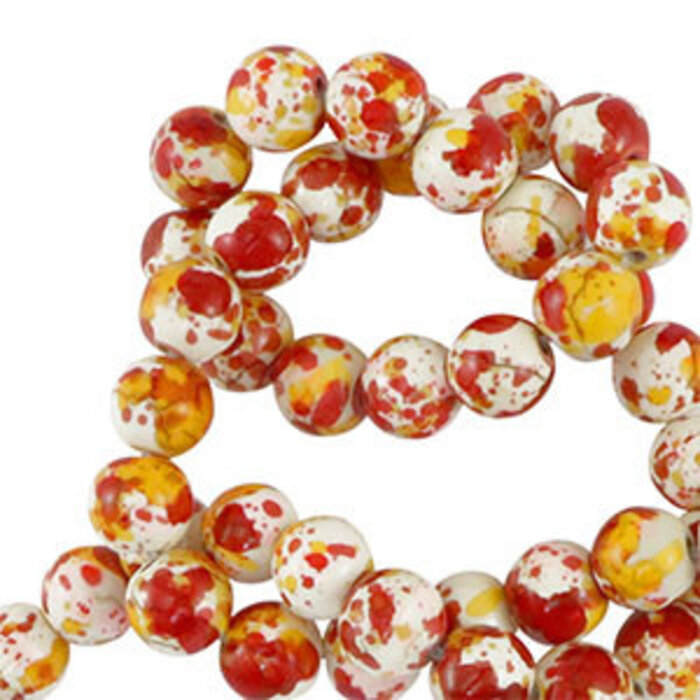 Kralen keramiek 8mm White-orange red 50st