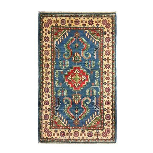 Geometric Wool Rug Tribal 5'05x3'18 Hand knotted carpet Blue kazak Geometric Wool Rug Tribal 5'05x3'18 Hand knotted carpet Blue kazak