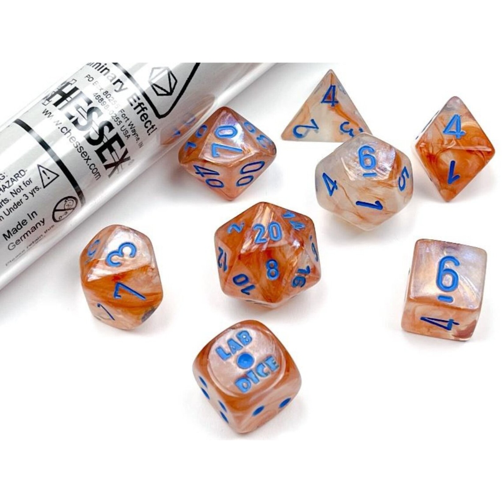 Chessex Chessex 8-Die set Lab Dice Borealis Rose Gold/Light Blue Luminary