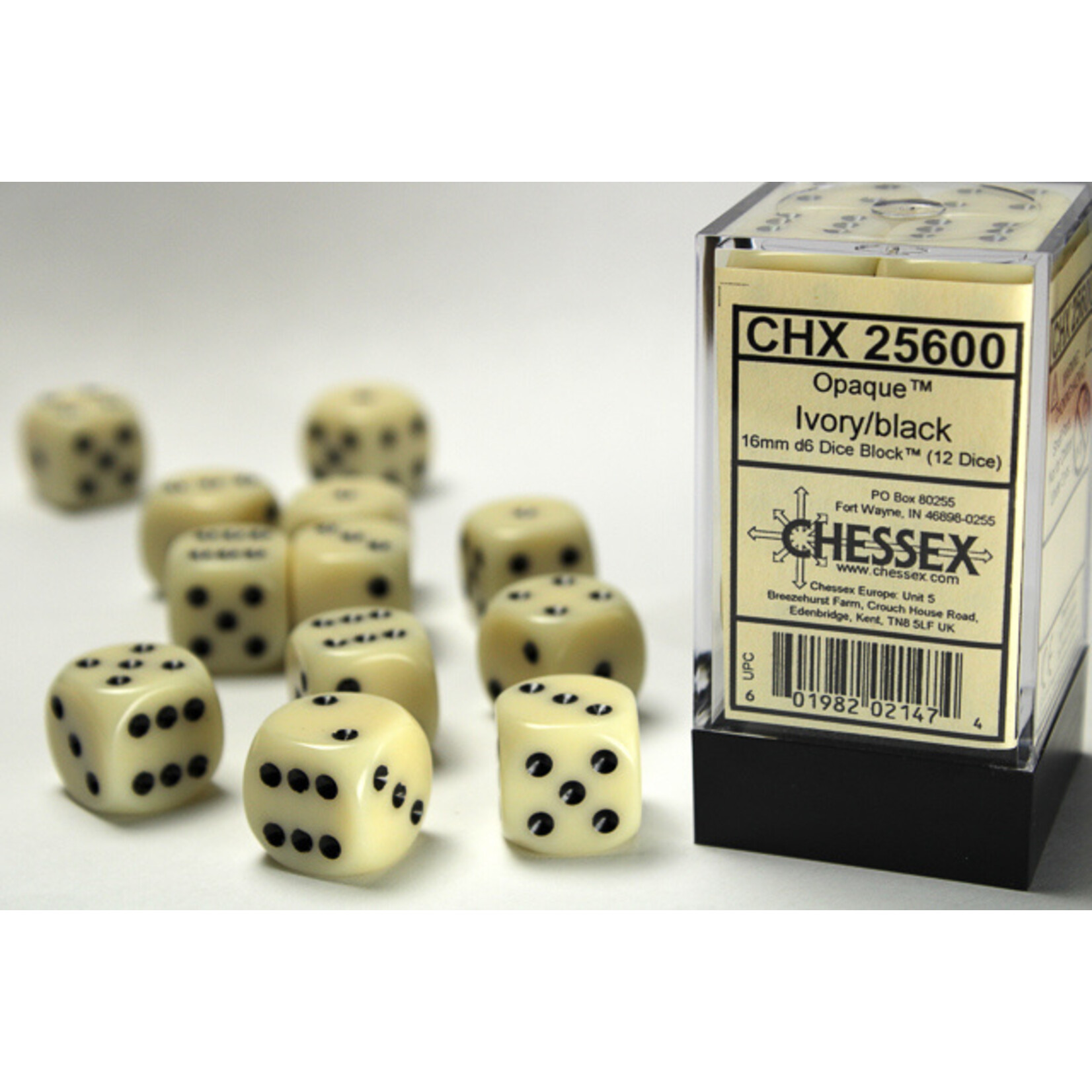 Chessex Chessex 12 x D6 Set Opaque 16mm - Ivory/Black
