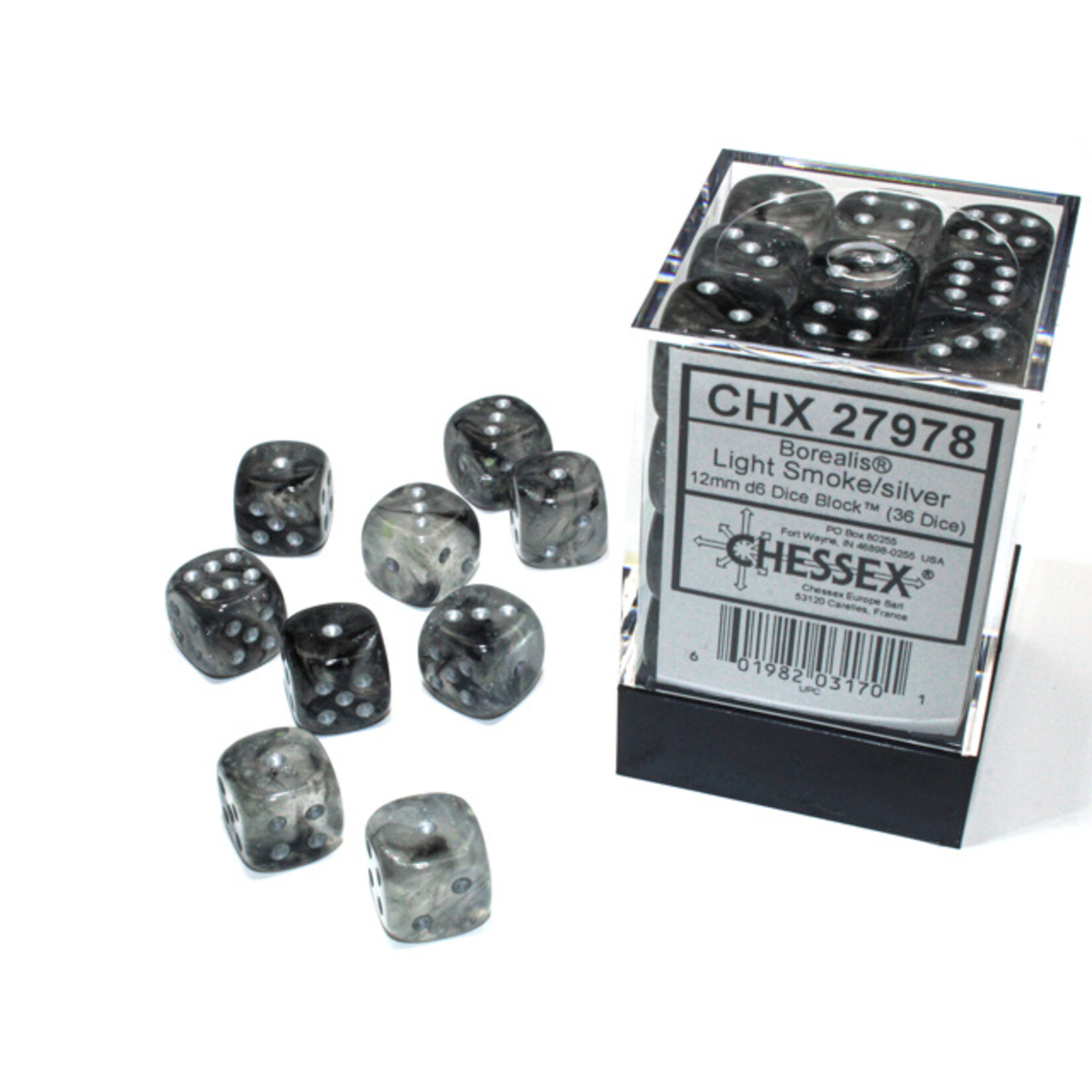 Chessex Chessex 36 x D6 Set Borealis Luminary 12mm - Light Smoke/Silver