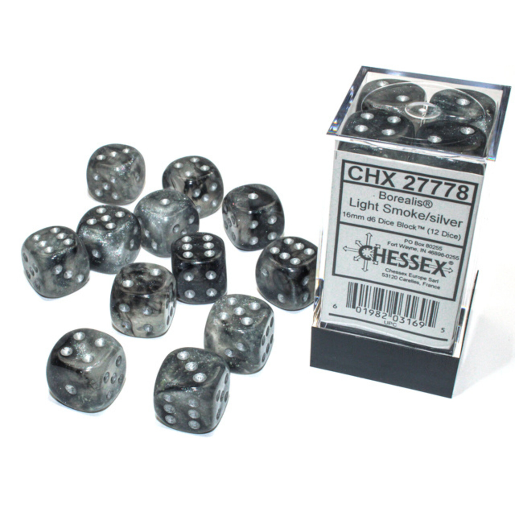 Chessex Chessex 12 x D6 Set Borealis Luminary 16mm - Light Smoke/Silver