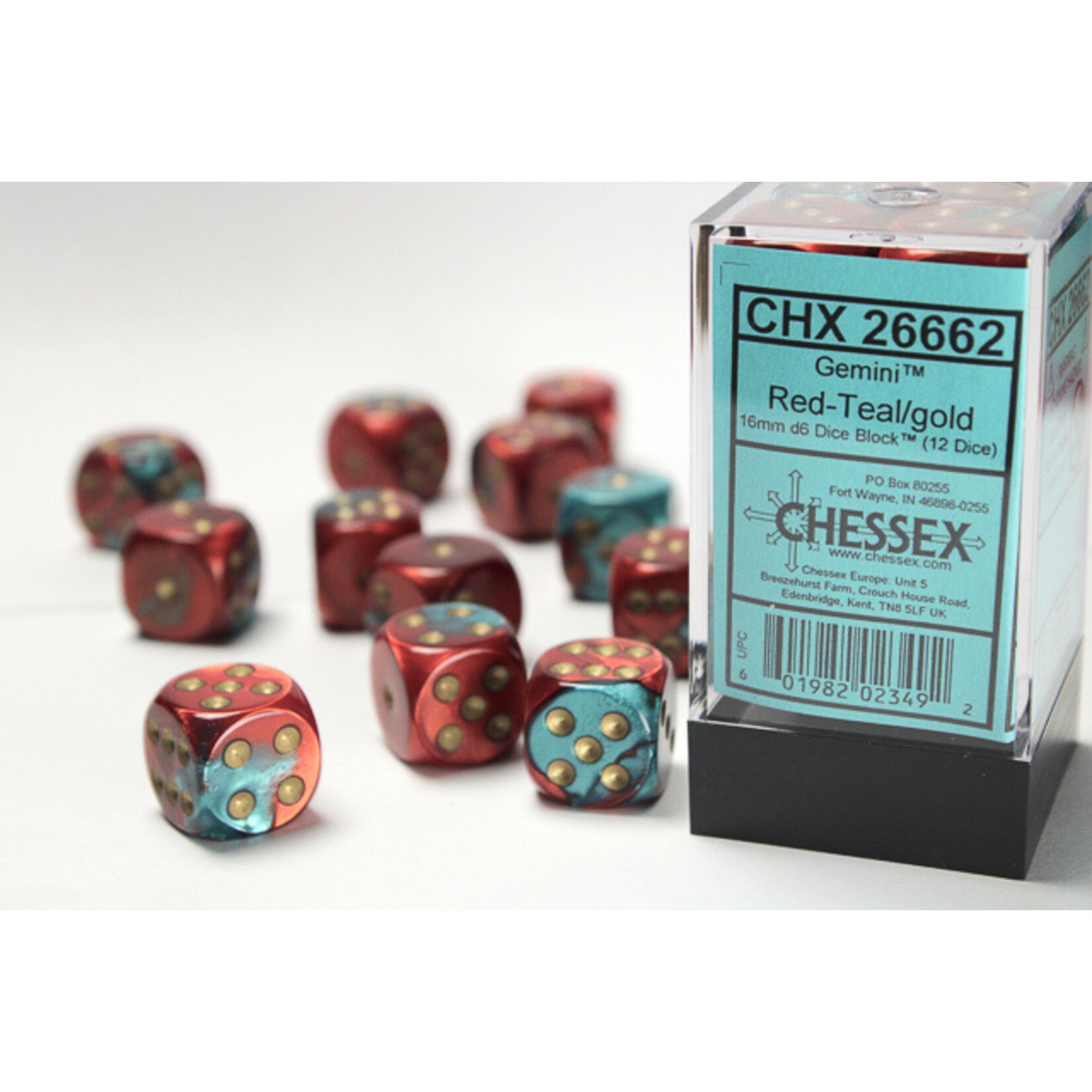 Chessex Chessex 12 x D6 Set Gemini 16mm - Red-Teal/Gold