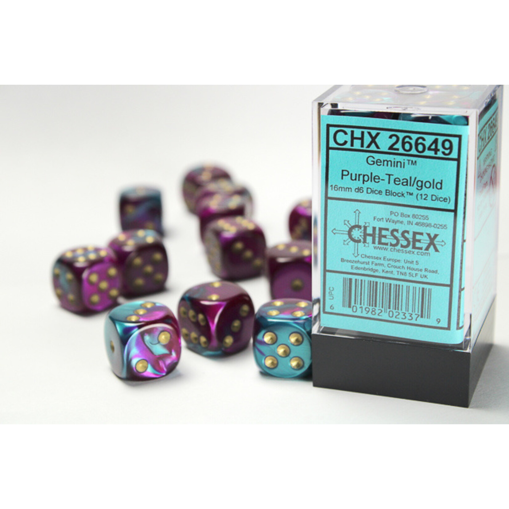 Chessex Chessex 12 x D6 Set Gemini 16mm - Purple-Teal/Gold