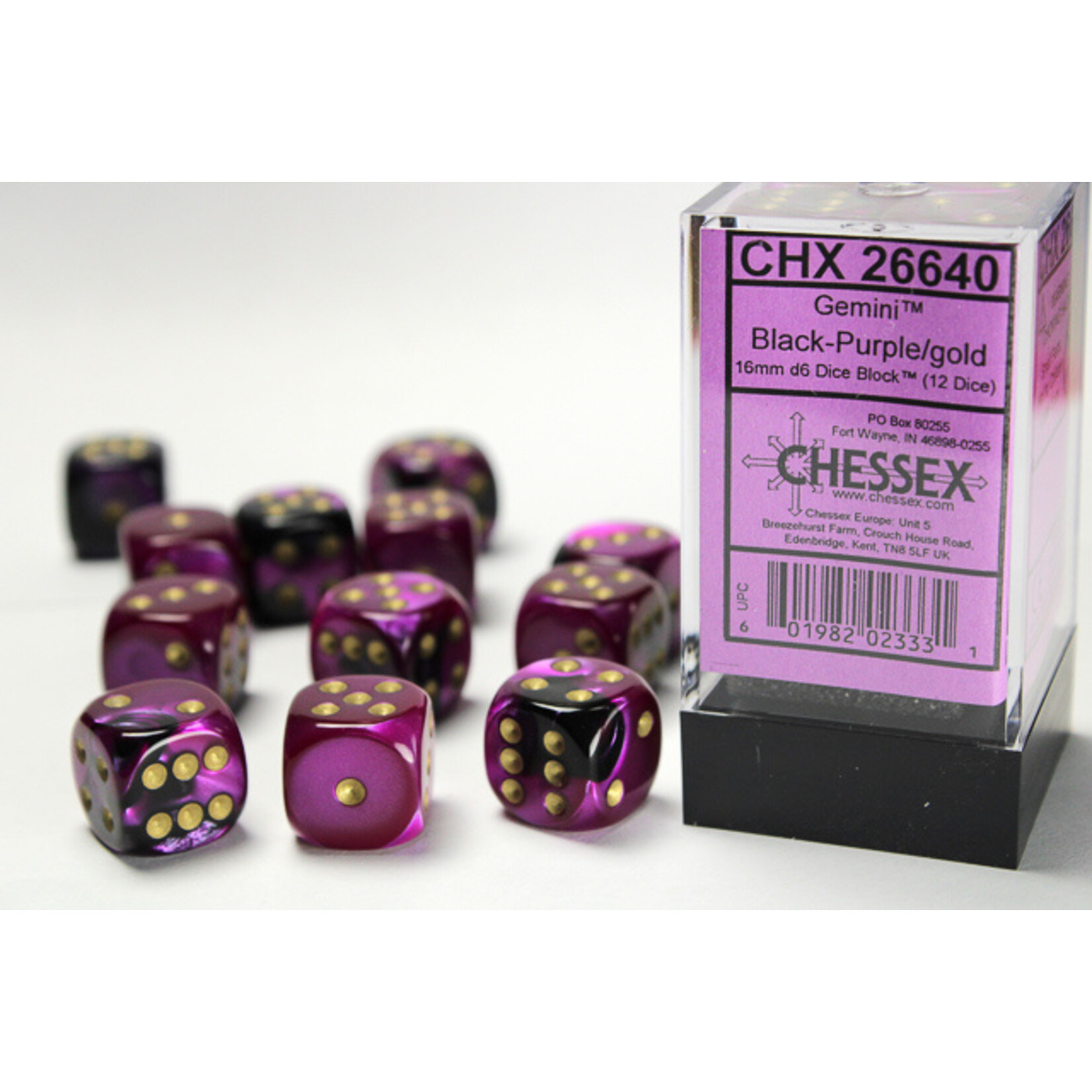 Chessex Chessex 12 x D6 Set Gemini 16mm - Black-Purple/Gold