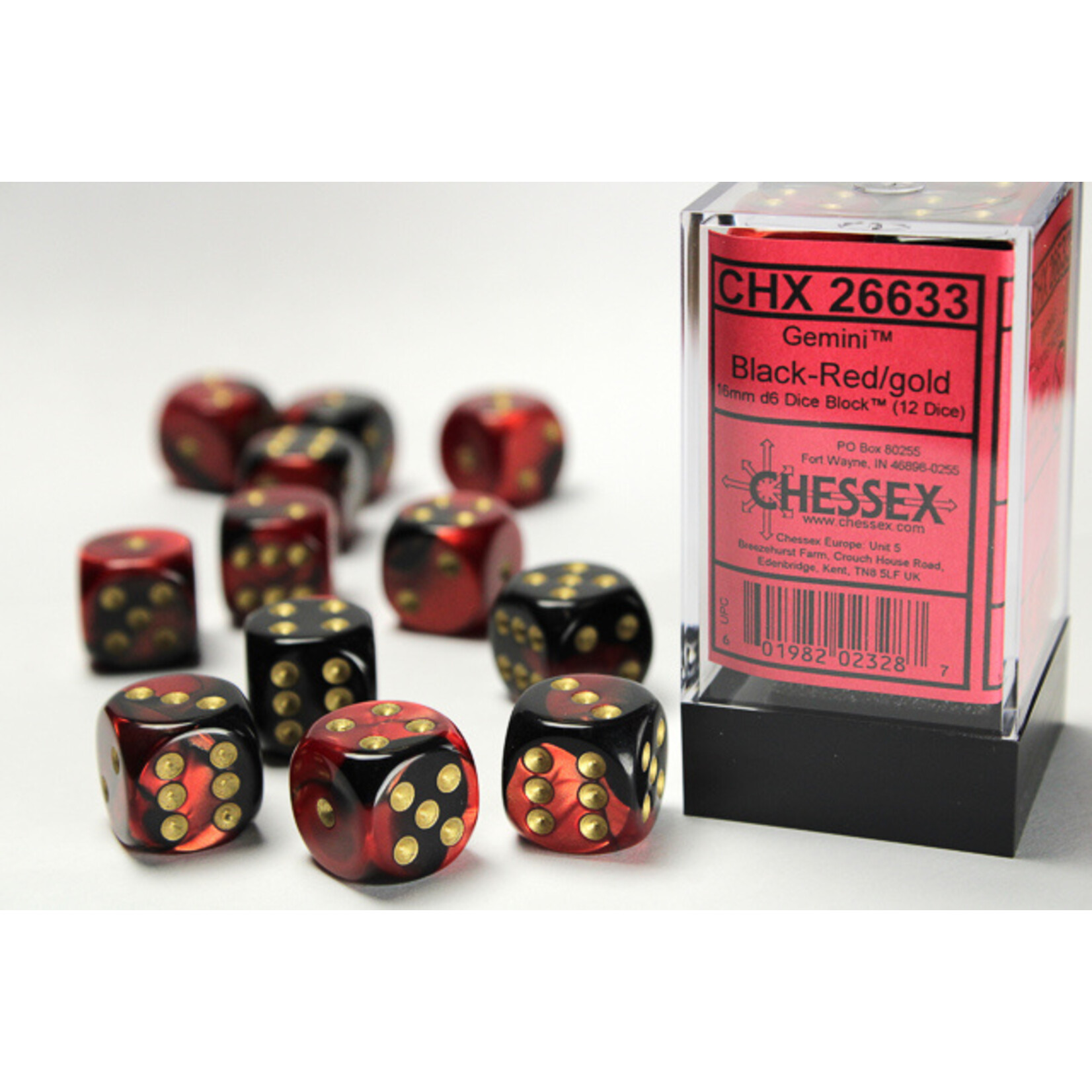 Chessex Chessex 12 x D6 Set Gemini 16mm - Black-Red/Gold