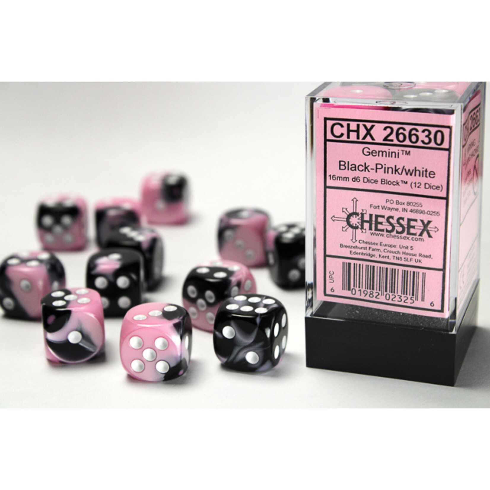 Chessex Chessex 12 x D6 Set Gemini 16mm - Black-Pink/White