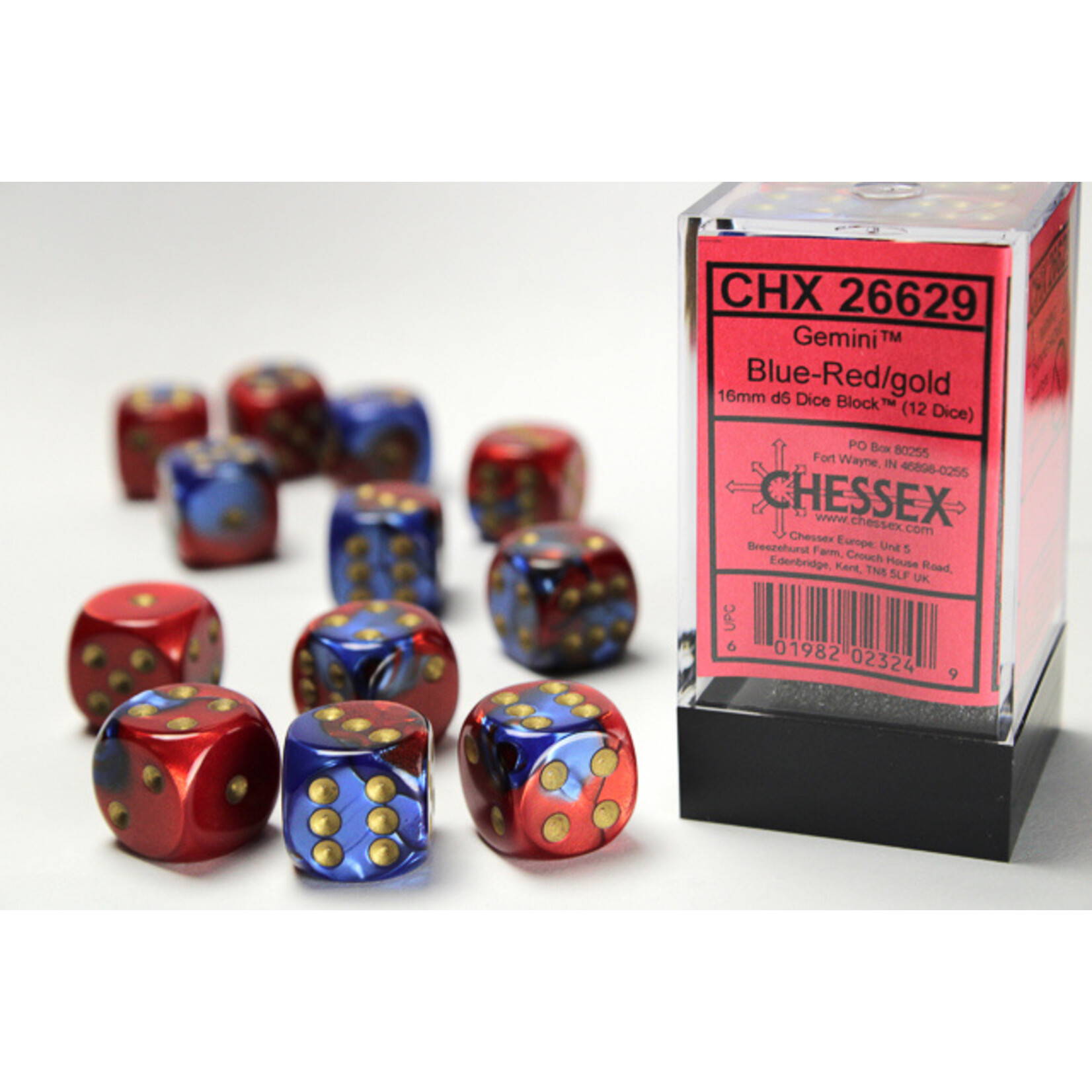 Chessex Chessex 12 x D6 Set Gemini 16mm - Blue-Red/Gold