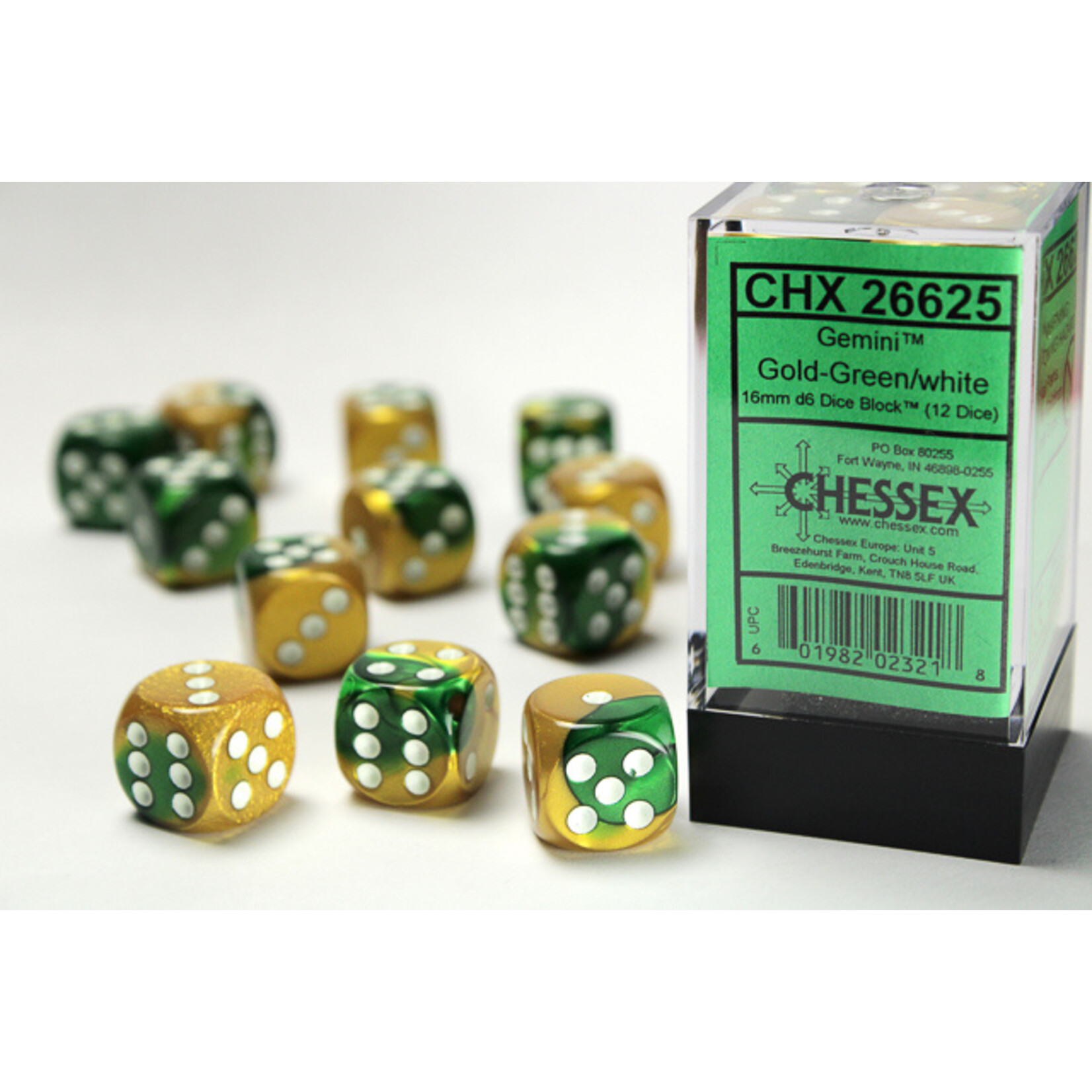 Chessex Chessex 12 x D6 Set Gemini 16mm - Gold-Green/White