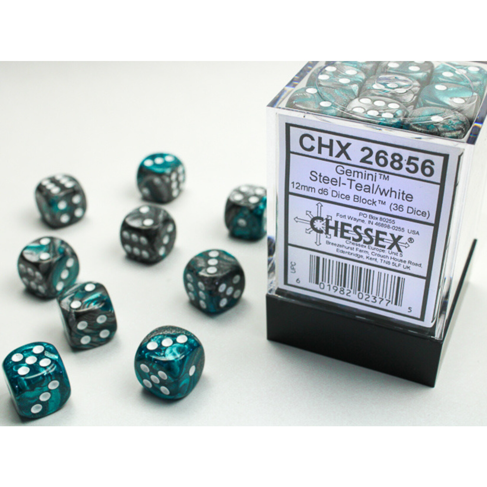 Chessex Chessex 36 x D6 Set Gemini 12mm - Steel-Teal/White