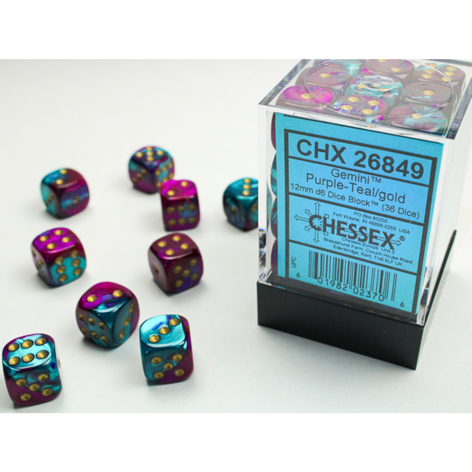 Chessex Chessex 36 x D6 Set Gemini 12mm - Purple-Teal/Gold