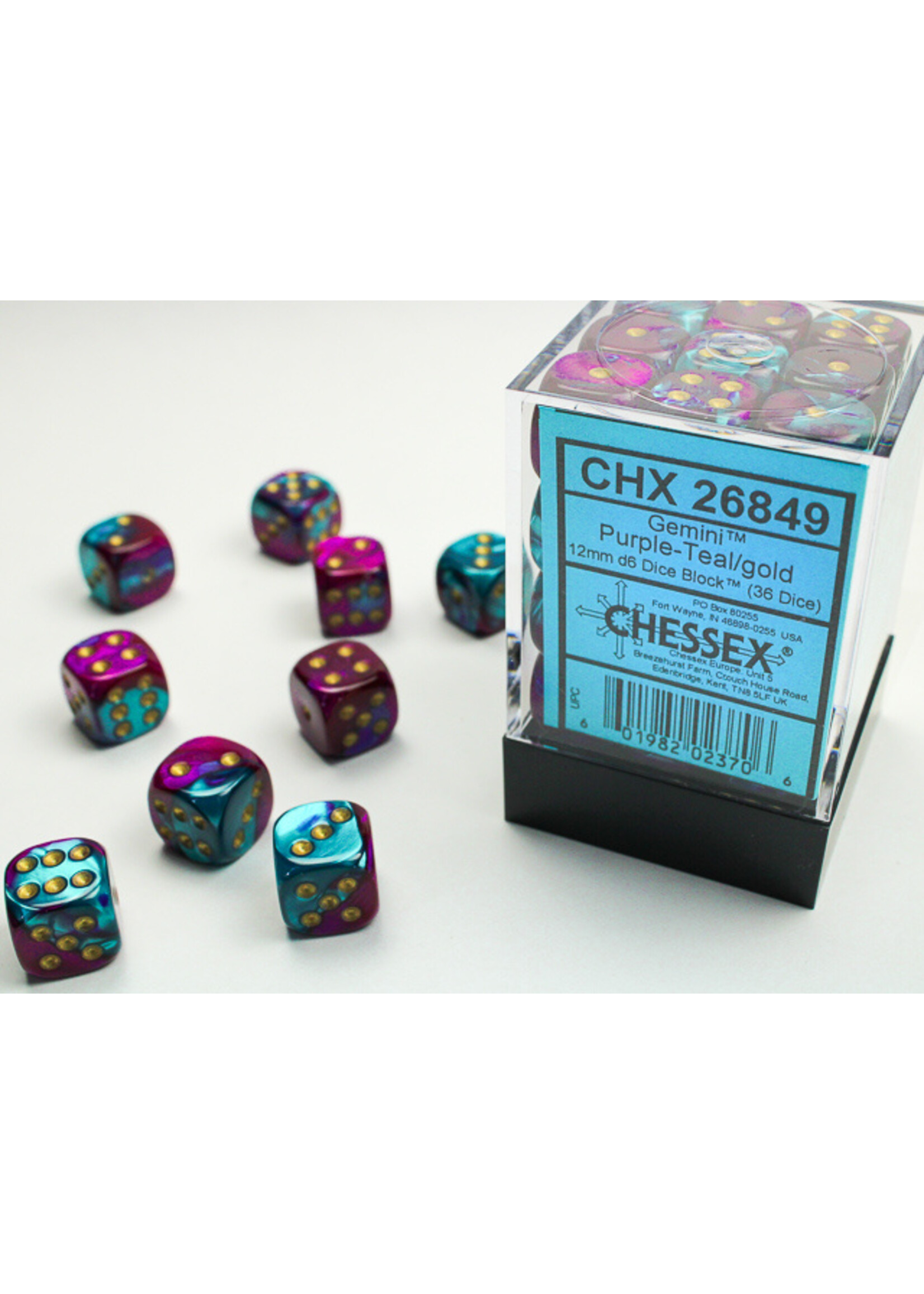 Chessex Chessex 36 x D6 Set Gemini 12mm - Purple-Teal/Gold