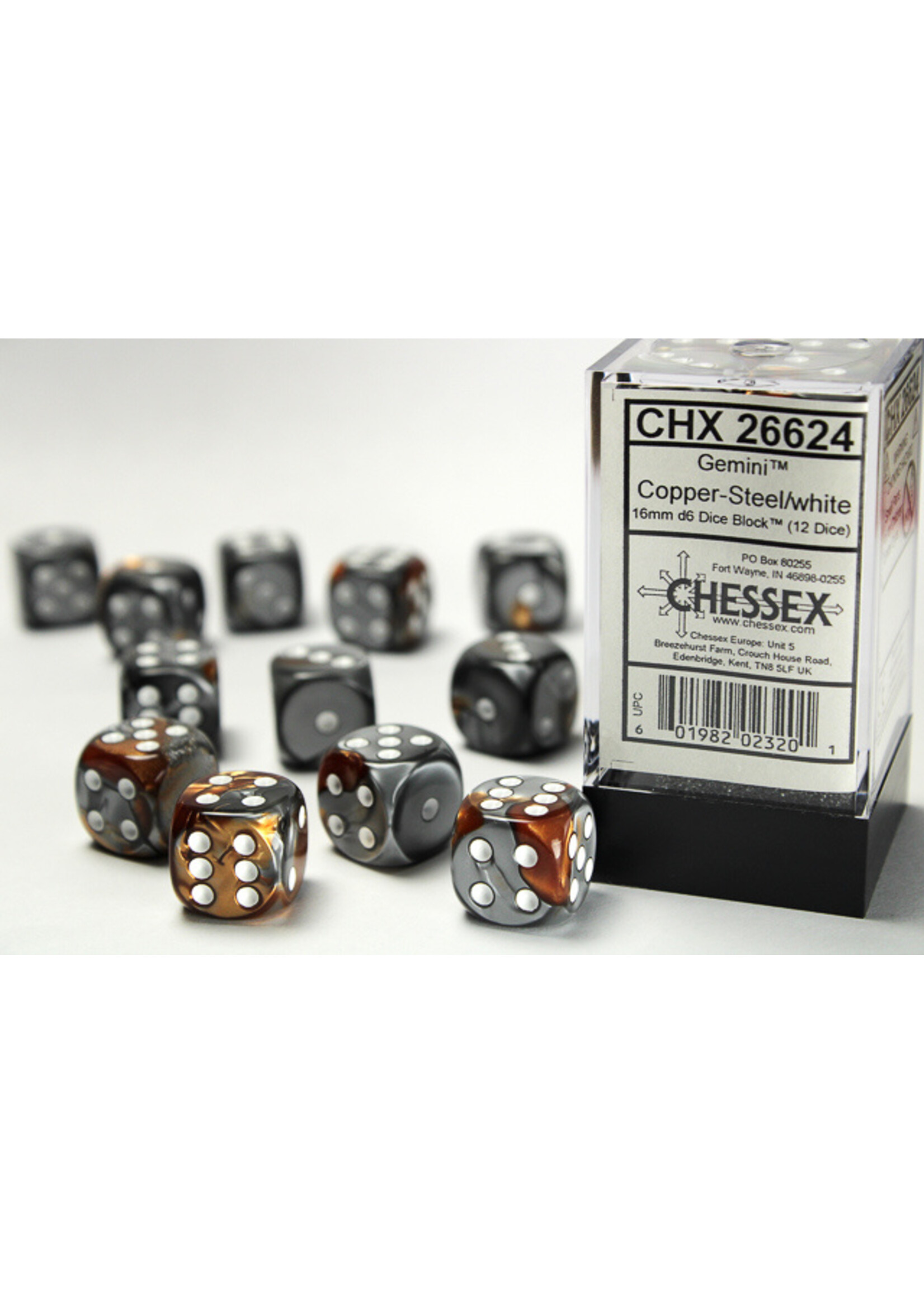 Chessex Chessex 36 x D6 Set Gemini 12mm - Copper-Steel/White