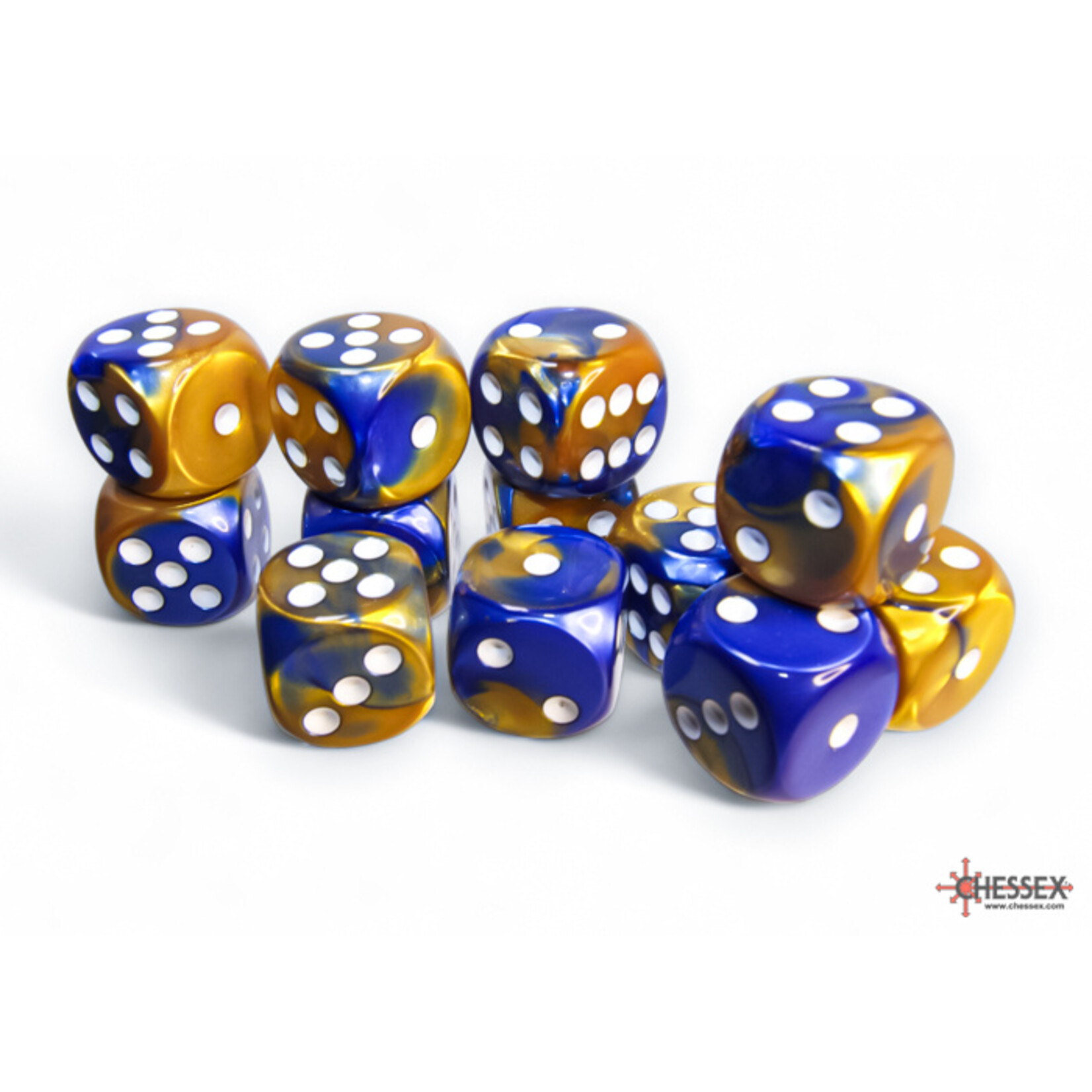 Chessex Chessex 12 x D6 Set Gemini 16mm - Blue-Gold/White