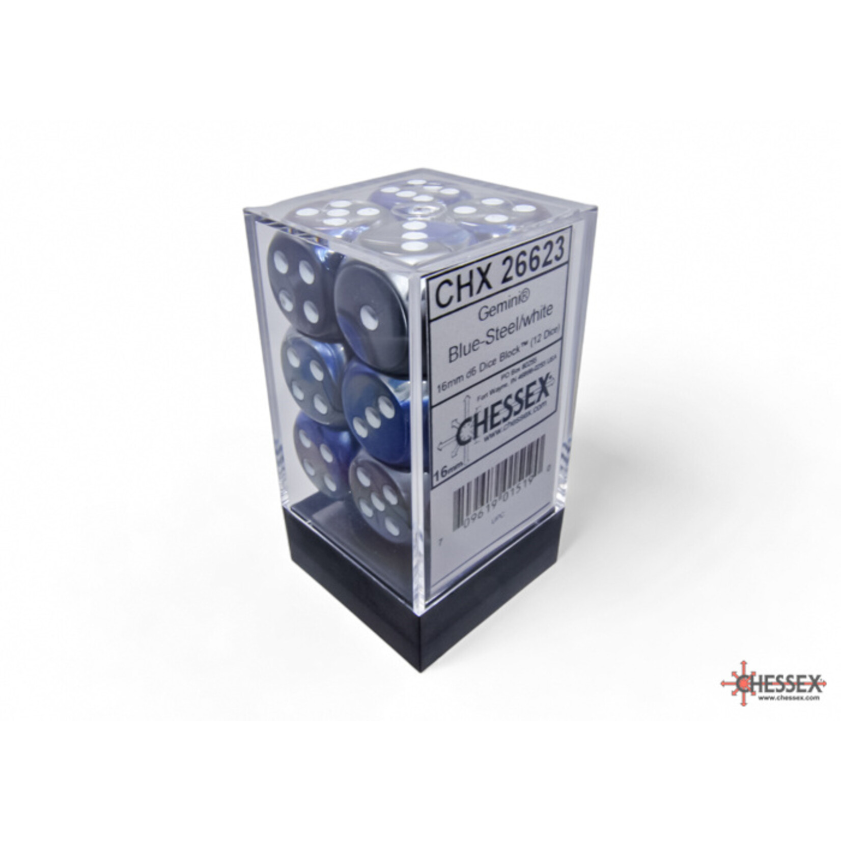 Chessex Chessex 12 x D6 Set Gemini 16mm - Blue-Steel/White
