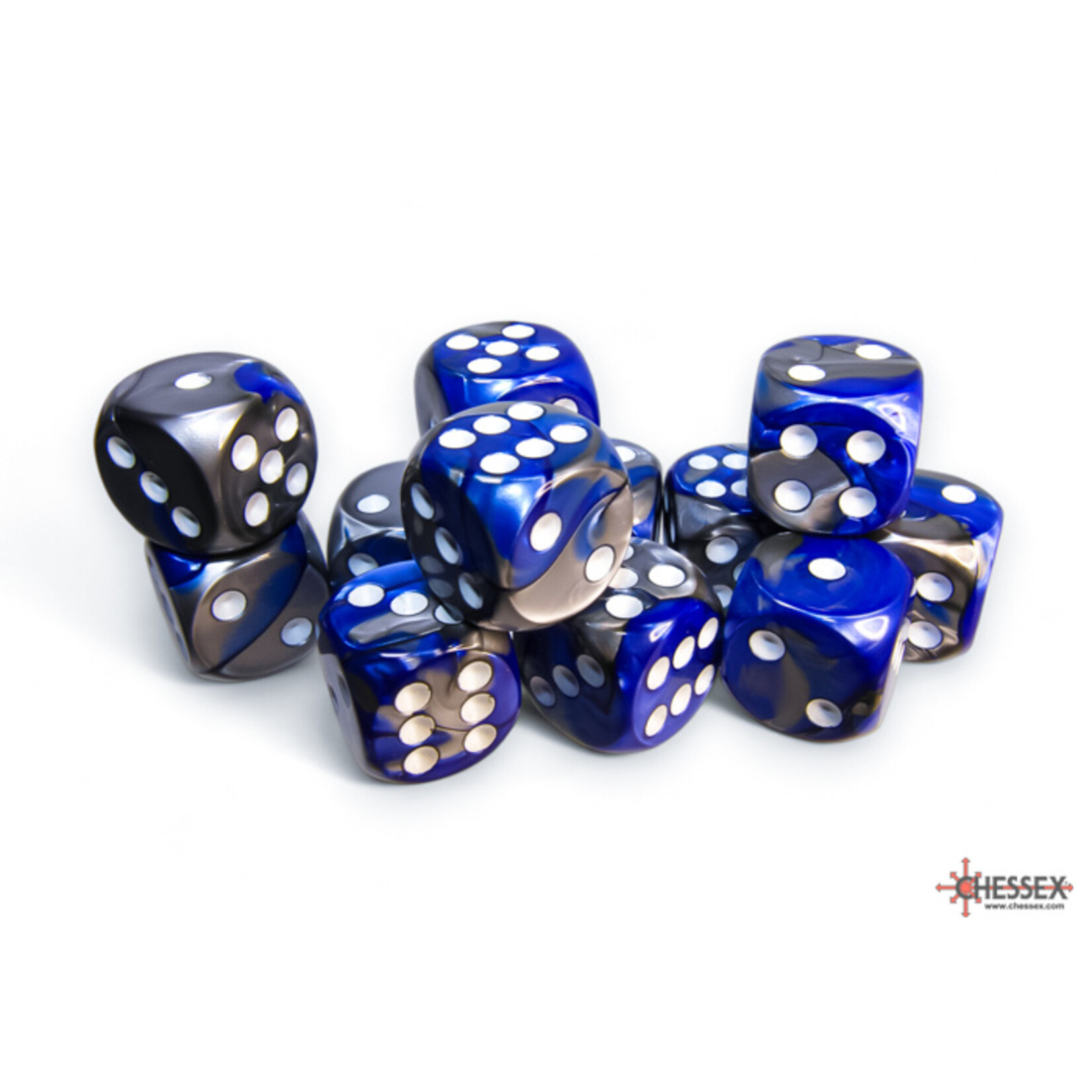 Chessex Chessex 12 x D6 Set Gemini 16mm - Blue-Steel/White