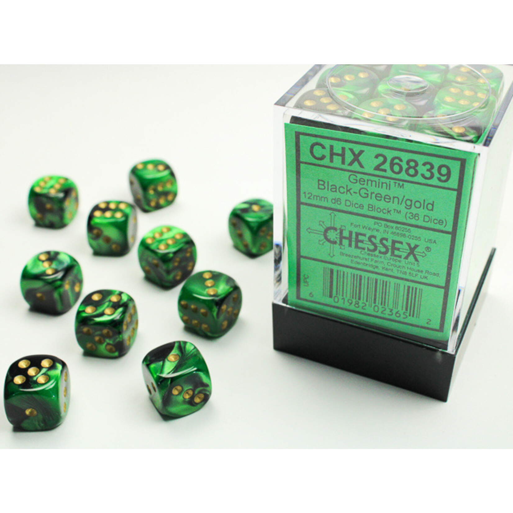 Chessex Chessex 36 x D6 Set Gemini 12mm - Black-Green/Gold