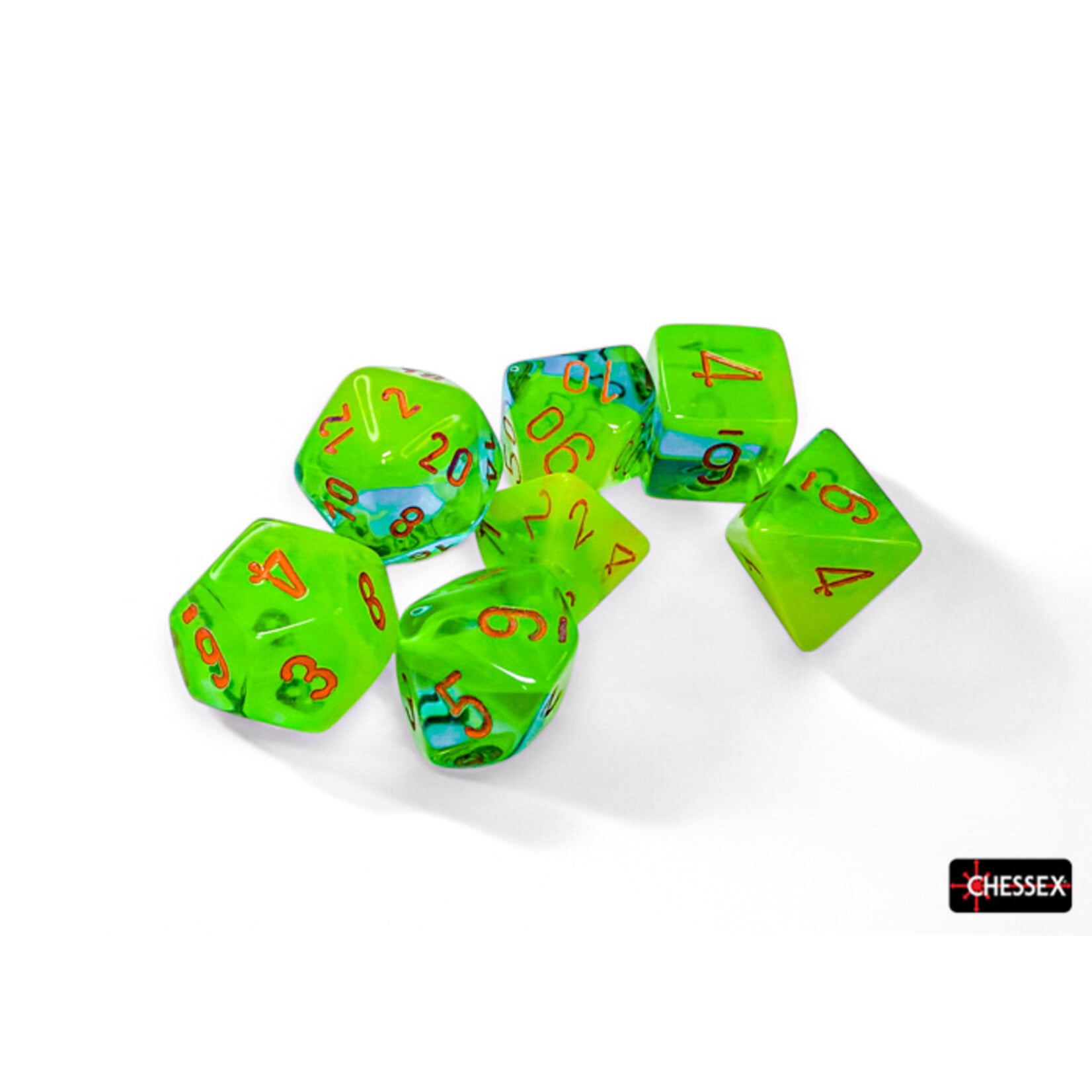 Chessex Chessex 7-Die set Gemini - Plasma Green-Teal/Orange