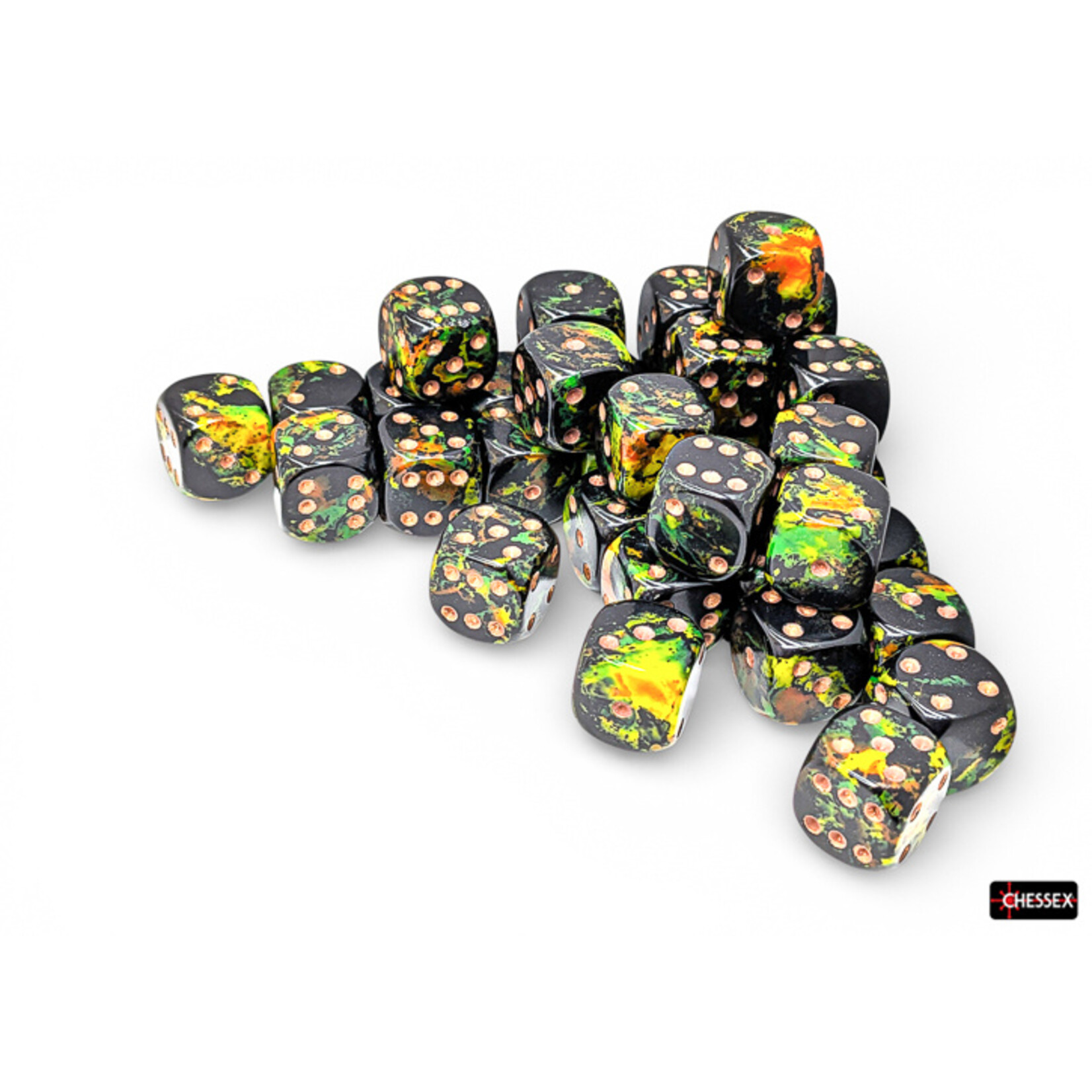 Chessex Chessex 36 x D6 Set Brush 12mm - Deep Forest/Gold