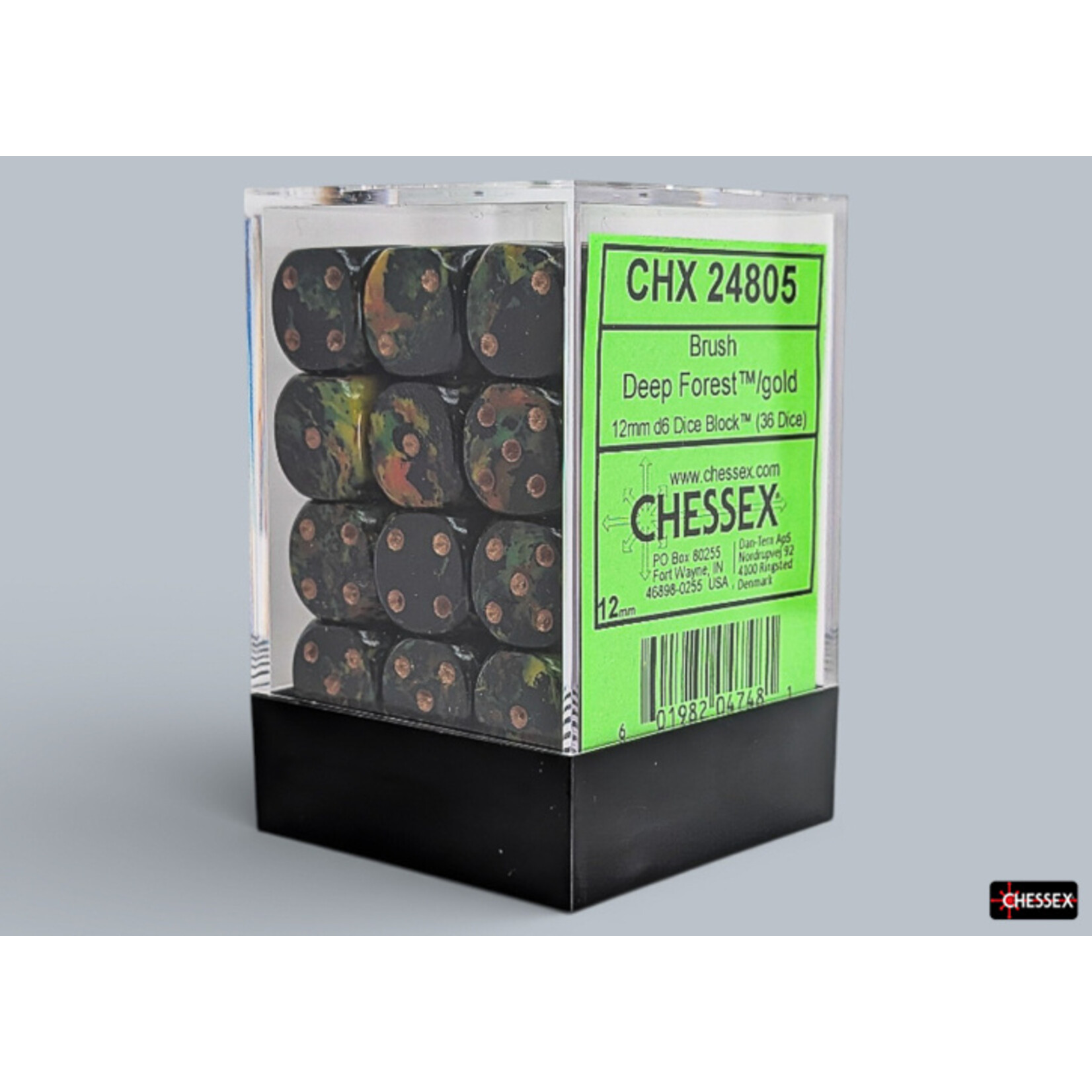 Chessex Chessex 36 x D6 Set Brush 12mm - Deep Forest/Gold