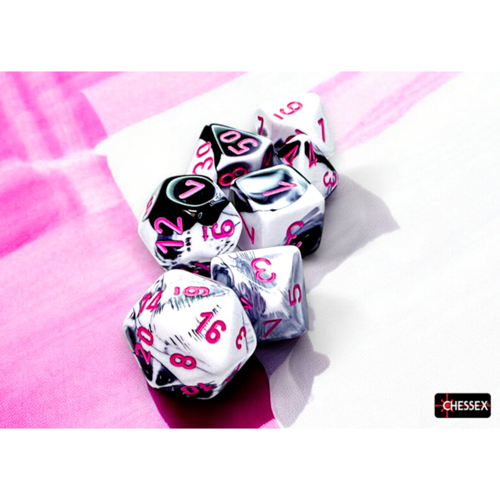 Chessex Chessex 7-Die set Gemini - Black-White/Pink